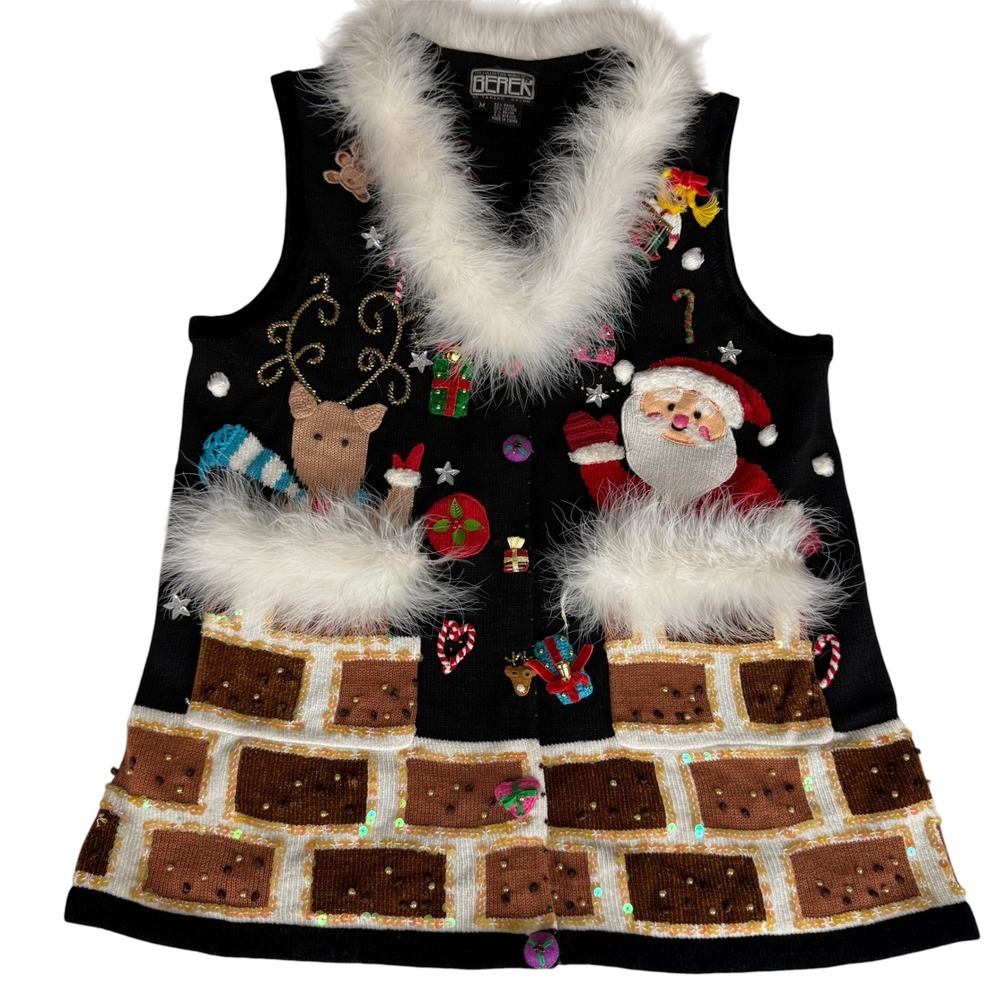 Berek Takako Sakon Christmas Sweater Vest Santa Reindeer Faux Fur Black Medium